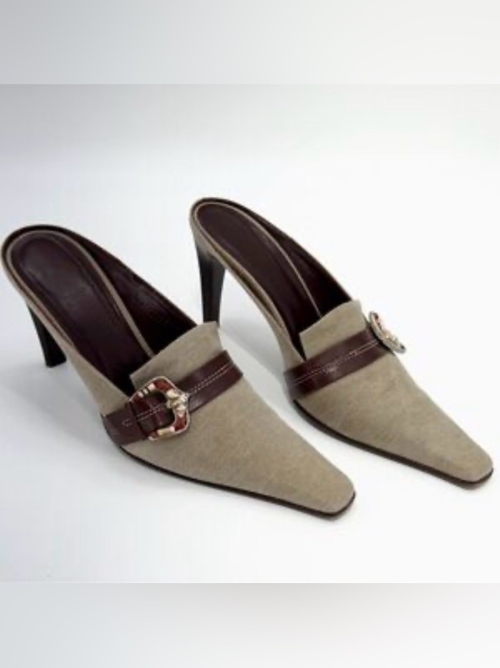 Vintage Donald J. Pliner Beige Pointed Toe Mules with Brown Strap